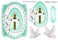 Pretty wooden cross in turq egg with lace, with doves, cardfront