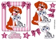 Cute cartoon puppy with kitten in pink stripe frame with bows
