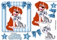 Cute cartoon puppy with kitten in blue stripe frame with bows