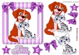 Cute cartoon puppy with kitten in purple stripe frame with bows