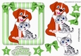 Cute cartoon puppy with kitten in green stripe frame with bows