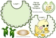 Cute stitched duck on a flip top bib with pearls and green bows