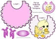Cute stitched duck on a flip top bib with pearls and lilac bows