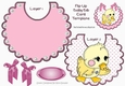Cute stitched duck on a flip top bib with pearls and pink bows