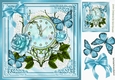 Pretty blue roses with pretty ornate clock and butterflies 8x8