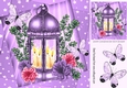 Pretty lantern with candles, lilac flowers, and butterflies 8x8