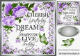 Cherish the day! with sentiment, butterflies and purple flowers card front 8x8