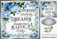Cherish the day! with sentiment, butterflies and blue flowers card front 8x8
