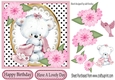 Cute teddy bear with blanket and pink flowers 7x7