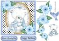 Cute teddy bear with blanket and blue flowers 7x7