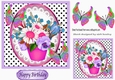 Pink pot of flowers and pansies with colourful butterflies 7x7