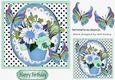 blue pot of flowers and pansies with colourful butterflies 7x7