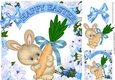 Cute bunny with carrot and flowers blue bow 8x8