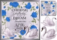 Pretty shades of blue  roses with swans 8x8