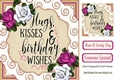 pretty cerise/white roses in sparkle scroll 8x8 card front
