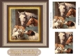   horses in the stable with puppies in a frame 7x7 with pyramids