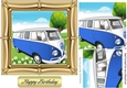 Blue Campervan in the meadows in ornate 7x7 frame with pyramids