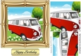 Red Campervan in the meadows in ornate 7x7 frame with pyramids