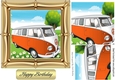 Orange Campervan in the meadows in ornate 7x7 frame with pyramids