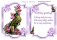 Pretty bird with flowers and purple jewel roses card front and insert A5