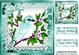 Pretty Turq bird on a branch with lace script 8x8 frame