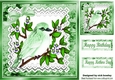Pretty Green bird on a branch with lace script 8x8 frame