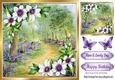 Pretty purple corner flowers with woodland and butterflies 8x8