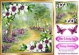 Pretty pink corner flowers with woodland and butterflies 8x8