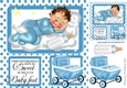 Cute sleepy baby boy with bottle and blue pram 8x8 window card