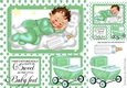 Cute sleepy baby boy with bottle and mint green pram 8x8 window card