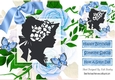 Elegant vintage silhouette lady with blue roses 8x8