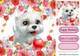 white puppy playing ball in the flowers 8x8