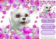 white puppy playing ball in the purple flowers 8x8