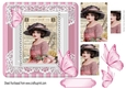 Pretty vintage lady in pink lace frame with pyramids & butterflies  7x7