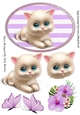 Cute white kitten with flowers and butterflies in purple striped frame