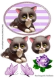 Cute black kitten with rose and butterflies in purple striped frame