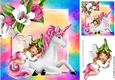 Sweet faerie sleeping on a unicorn with pink flowers in rainbow frame 8x8