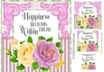 Happiness Blooms!, pretty pink/gold roses with stripe & ornate corners 8x8