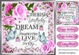 pretty cerise rose and flowers cherish yesterday script with butterflies 8x8