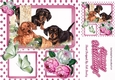 Puppies playing with pink/white roses & butterflies window card front 8x8