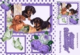 Puppies playing with purple roses & butterflies window card front 8x8