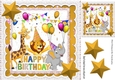 Party Animals having fun on a Birthday with gold stars 8x8