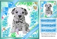 lovely little dalmation puppy (four) with blue bows  and flowers 8x8