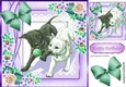 Playful dogs with a ball with purple flowers 8x8
