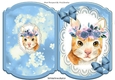 Pretty water colour cat with flowers on lace blue bracket card