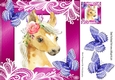 Pretty  water colour Horse in pink frame with swirls and butterflies 8x8