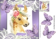 Pretty  water colour Horse in purple frame with swirls and butterflies 8x8