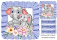 Cute mum and cute baby elephant with flowers in blue frill frame 8x8