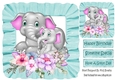 Cute mum and cute baby elephant with flowers in turq frill frame 8x8