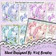 4 Lovely Coloured princess unicorns with flowers 8x8 card fronts Mini Kit
